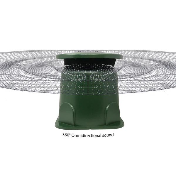 Green speaker with a mesh cover on a white background, labeled '360° Omnidirectional sound'.