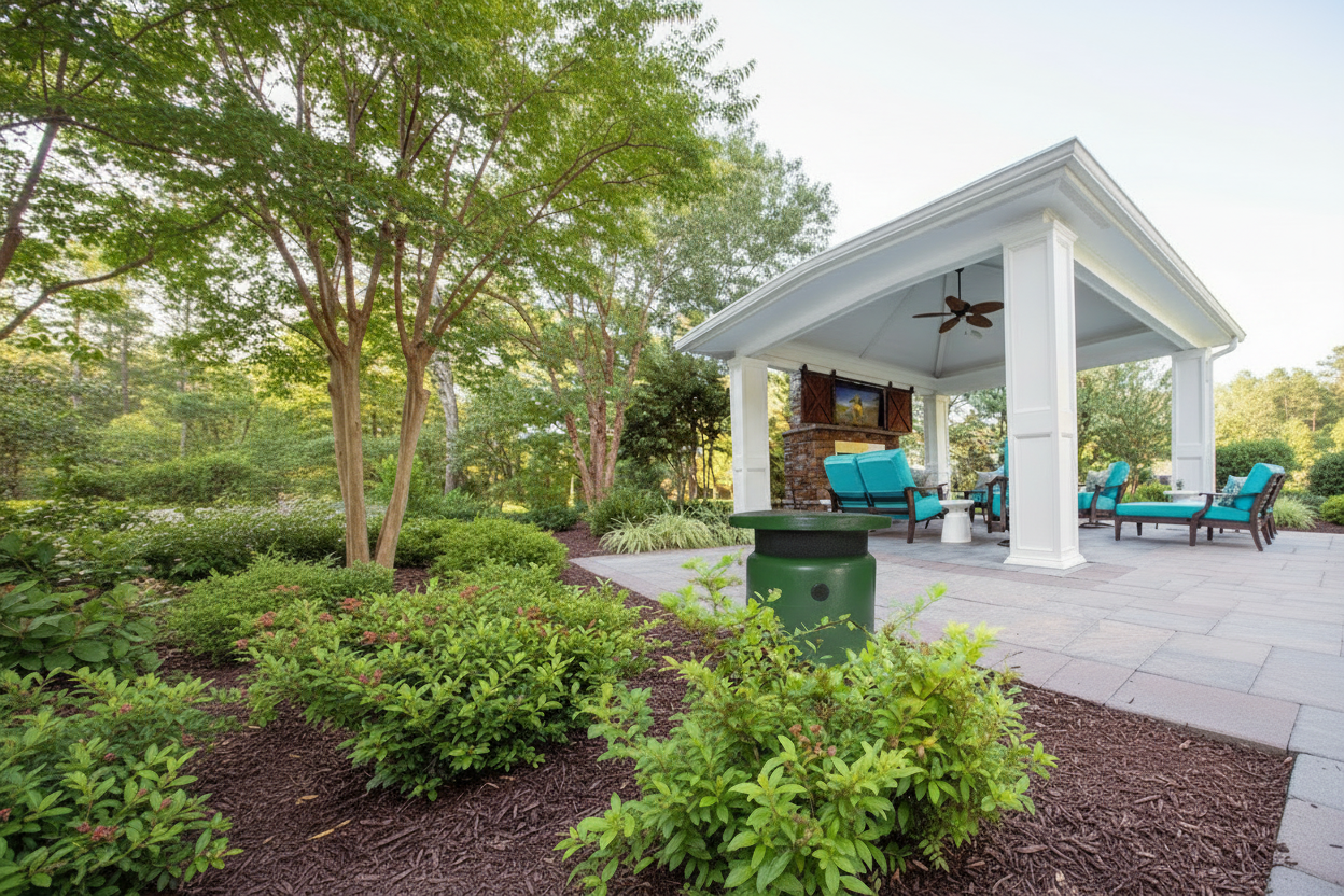 Pavilion with outdoor furniture and TV in a garden setting