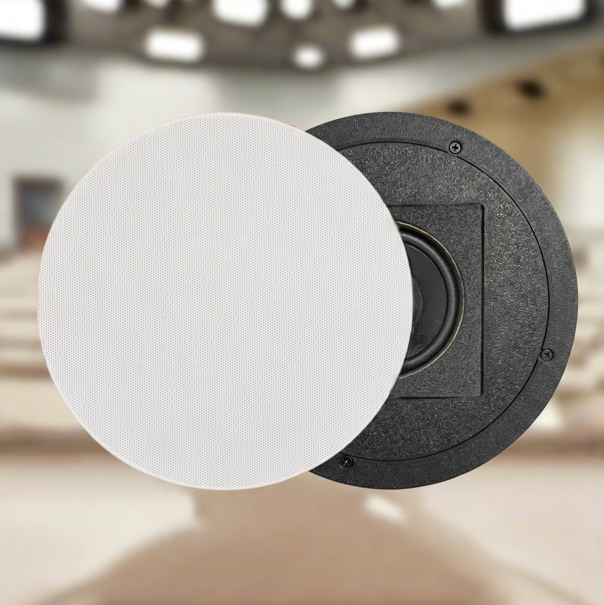 A round Terrapin SpkrShell Architectural CW1-X4r in-ceiling installation speaker with a removable white circular mesh grille exposing the central driver.