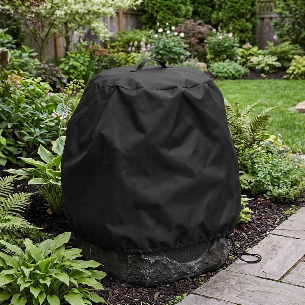 Black SpkrShell Garden CVR Universal Outdoor Speaker Covers with a handle, placed over a rock-shaped garden speaker for UV protection.