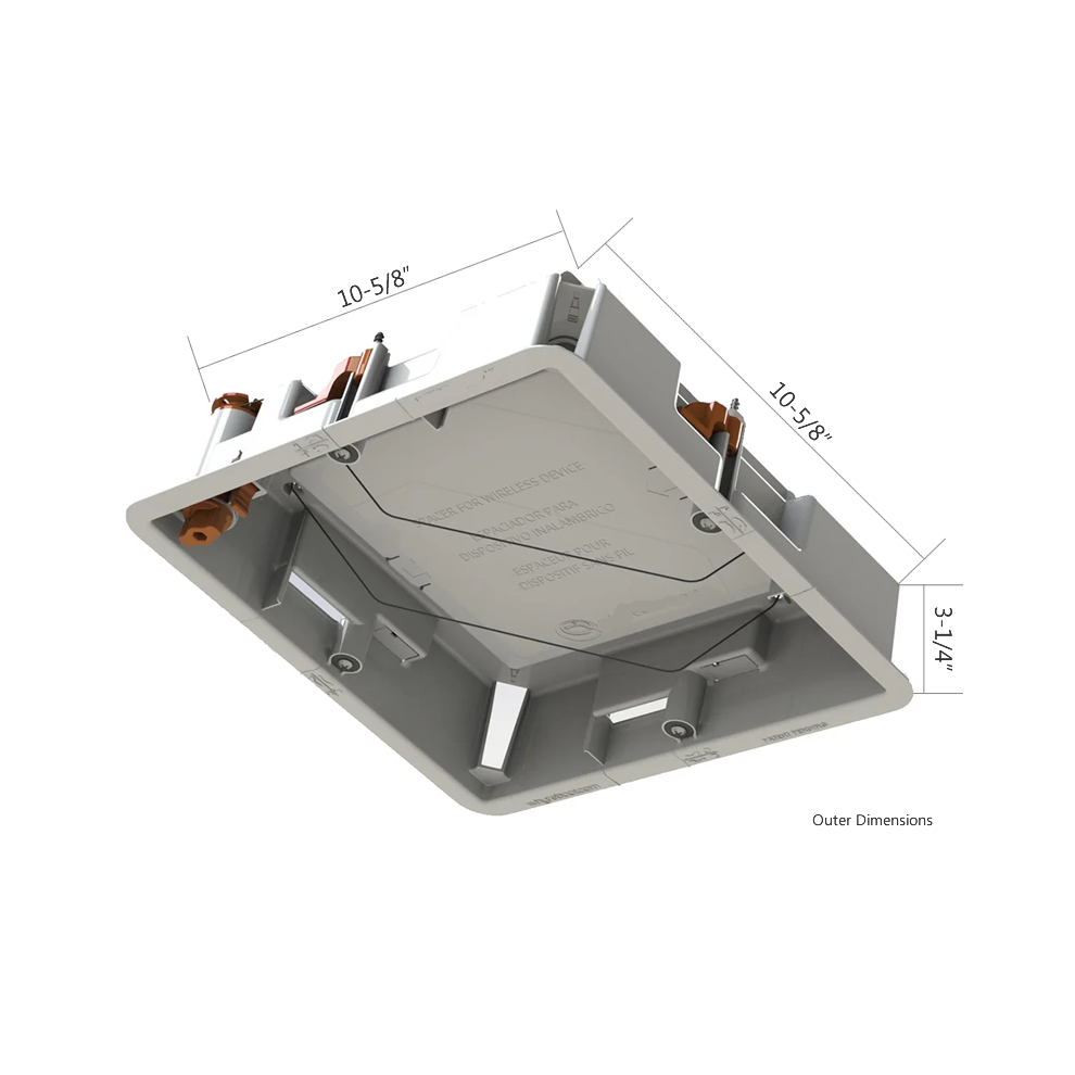 white recessed ceiling equipment box with dimensions labeled on a white background